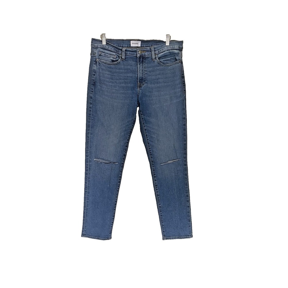 FRAME Relaxed Jean Momentum Destructed Women's 30 Blue Distressed Knee Stretch